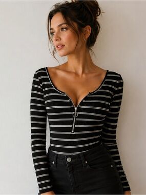 Urban Heritage Black & White Striped Ribbed Zip-Front Bodysuit